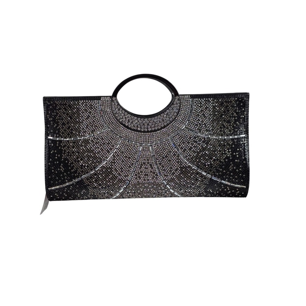 Black Rhinestone Sunburst Evening Clutch Bag with Circular Handle NEW